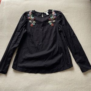 H&M Black Blouse with embroidered Floral Gem Design  Size 8